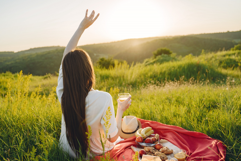 Woman having picnic and enjoying life