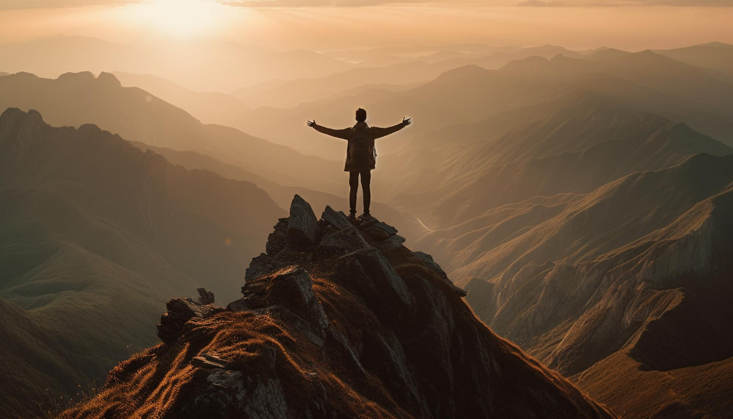 Man standing triumphantly atop rocky mountain peak with arms raised