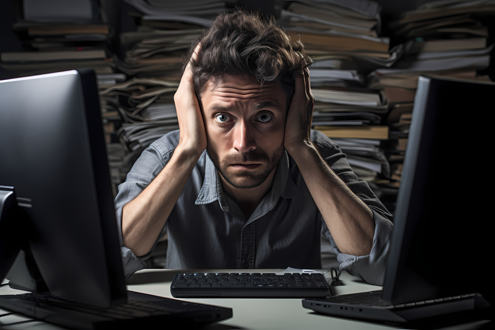Worried man with lots of late tasks